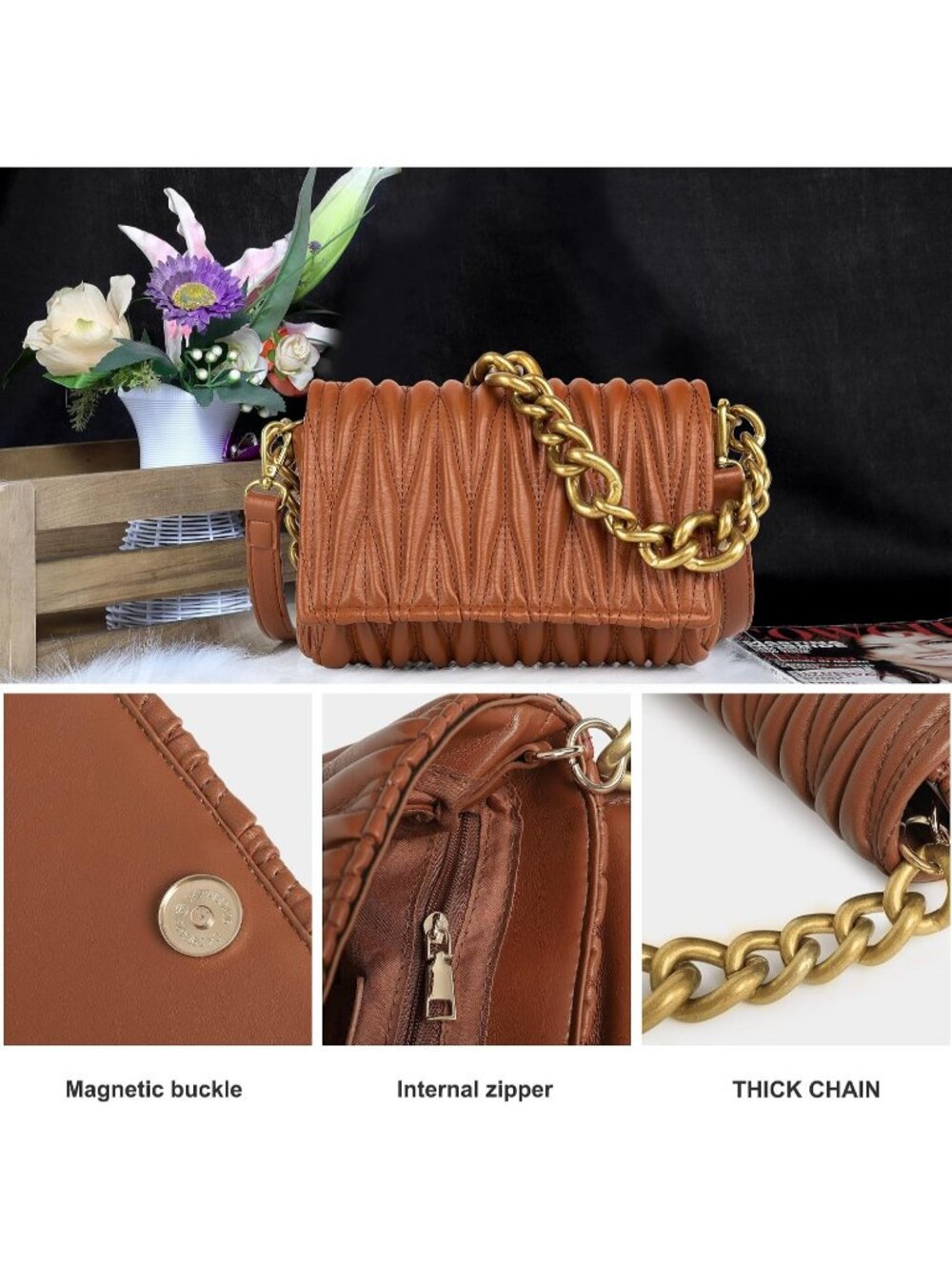 Women's Cinnamon Brown Small Clutch Purses Quilted Evening Handbag Crossbody Bag - Picture 2 of 6